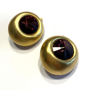 Chunky Y2K Clip On Earrings Brushed Goldtone & Huge Purple Rhinestones Mod Round